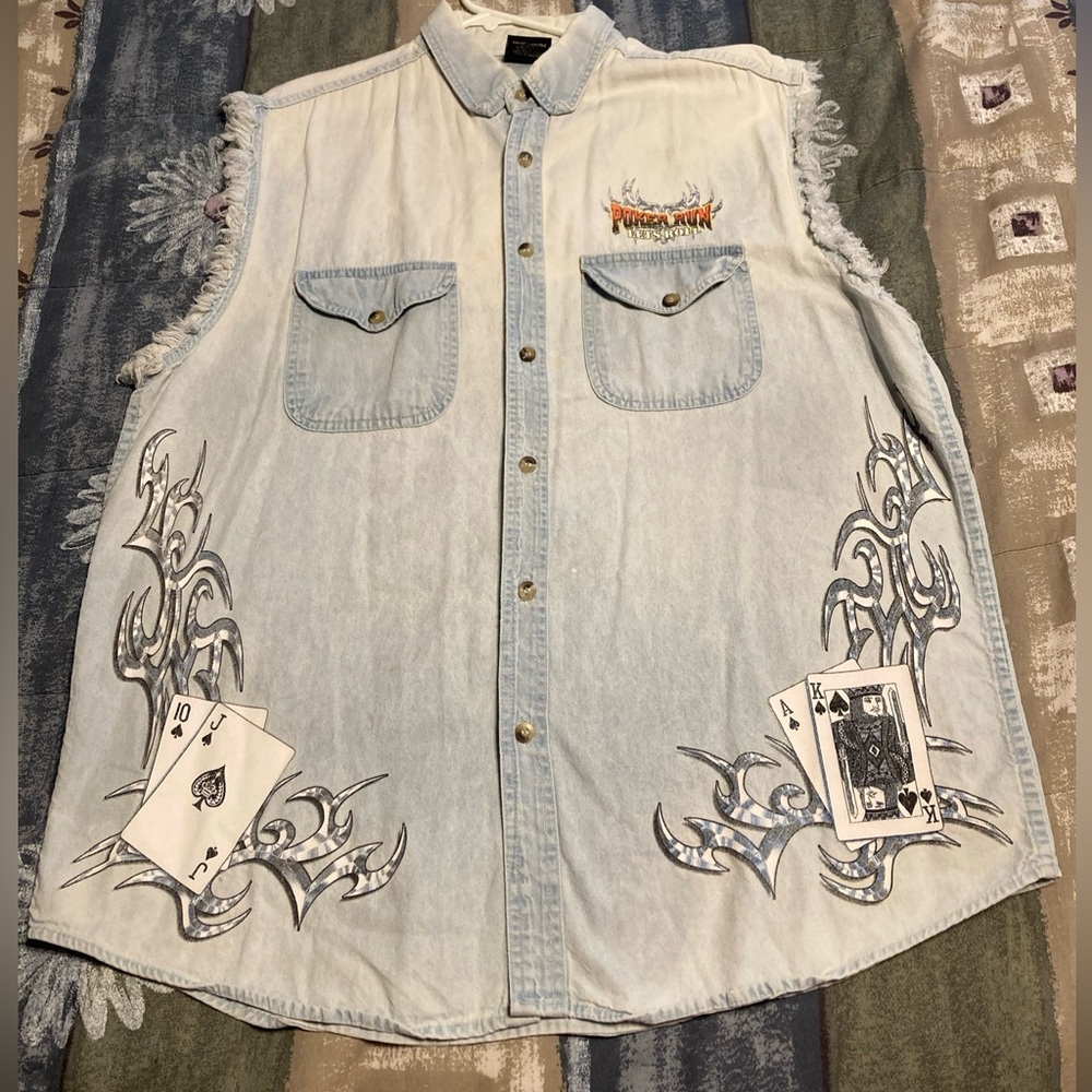 Revolution Gear Cut Sleeves Biker Shirt Vest Washed Denim Poker Run  Size Large